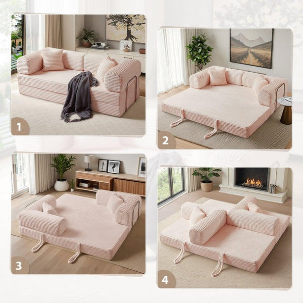 English Elm Compression Foldable Floor Sofa Bed Corduroy Futon with Foam Support for Small Spaces Pink W3716P379194
