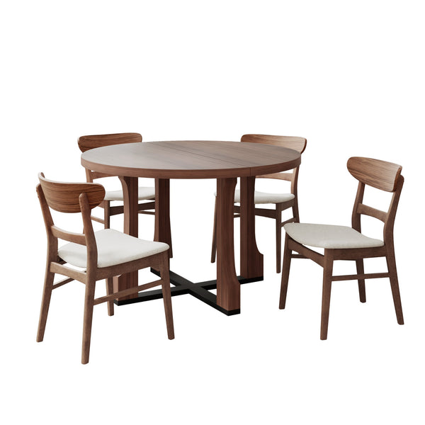 English Elm Christopher Knight Home® - 5PCS Mid-Century Modern Dining Set with Round Wood Table and Upholstered Fabric Chairs, Sleek Design Walnut 58915.00WNT_N771P240936T