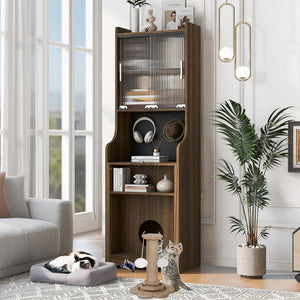 English Elm Modern Wooden Foldable Desk with Hutch Walnut Mid-Century Extendable Workstation LED Shelves Cat Bed N843MP001W