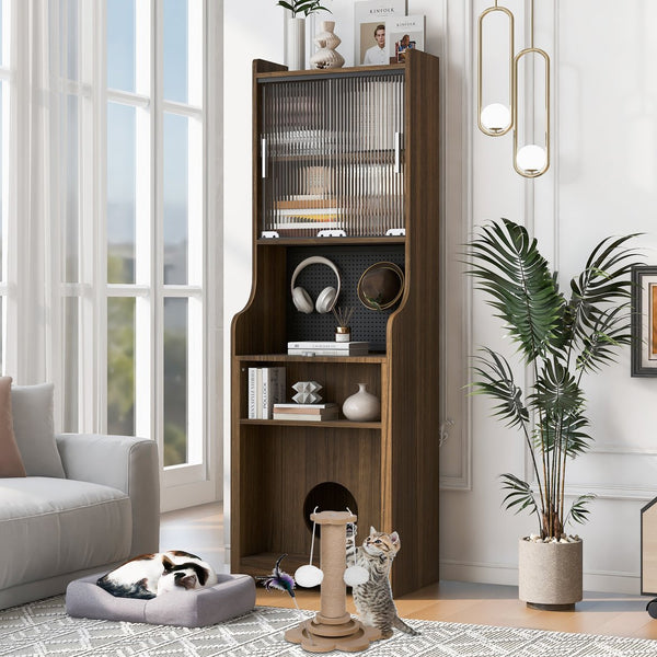 English Elm Modern Wooden Foldable Desk with Hutch Walnut Mid-Century Extendable Workstation LED Shelves Cat Bed N843MP001W