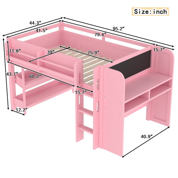 English Elm Twin Low Loft Bed Solid Pine Frame Kids Study Desk Blackboard Storage White W1580S00298