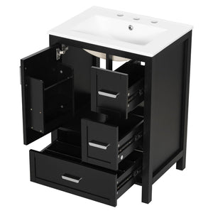 English Elm Modern 24 Inch Bathroom Vanity Solid Wood Cabinet with Ceramic Sink and Soft Close Storage Black N729P292859B