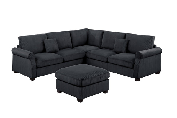 English Elm 4pc Corduroy Sectional Sofa Set with Ottoman Corner Wedge and Low-profile Modern Legs Black B011S02225