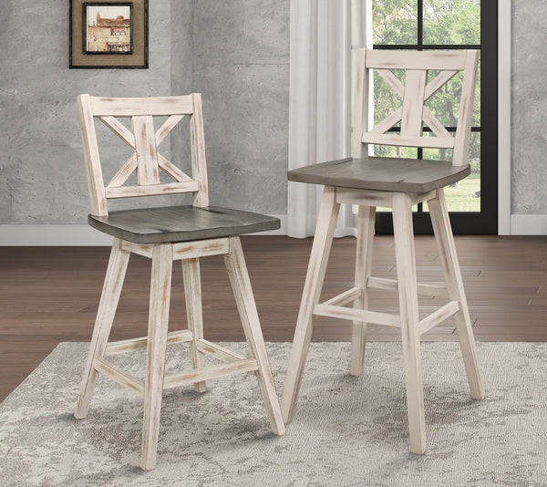 English Elm Pub Height Swivel Chairs Set Of 2 - Distressed Gray & White X-Back Design, Perfect For Home Bars! B011P194916-GIGA