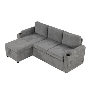 English Elm 83.5" L-shaped Sofa Couch Convertible Sectional with Reversible Chaise, Hidden Storage, USB Ports Gray N719S001790E