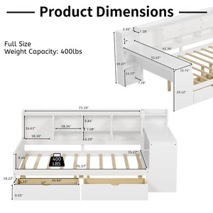 English Elm Full Full Size Wooden L-Shape Daybed with 7 Cabinets, 2 Drawers, Desk & Bookshelf — Space-Saving White N733S351674K