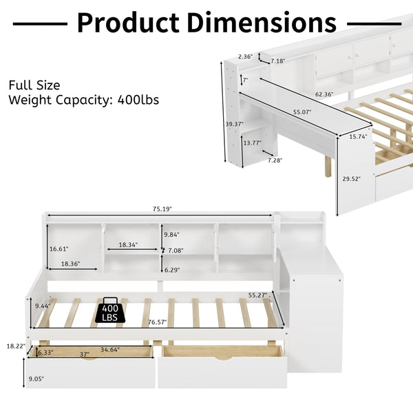 English Elm Full Full Size Wooden L-Shape Daybed with 7 Cabinets, 2 Drawers, Desk & Bookshelf — Space-Saving White N733S351674K