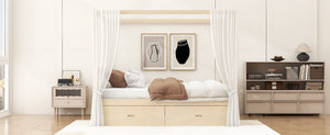 English Elm Wooden Canopy Queen Bed Solid Frame with Built-in Storage Drawers Slatted Base Natural N7090005036N