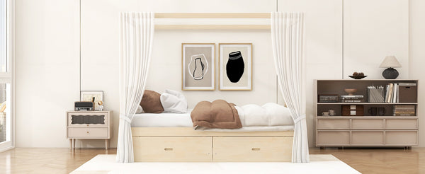 English Elm Wooden Canopy Queen Bed Solid Frame with Built-in Storage Drawers Slatted Base Natural N7090005036N