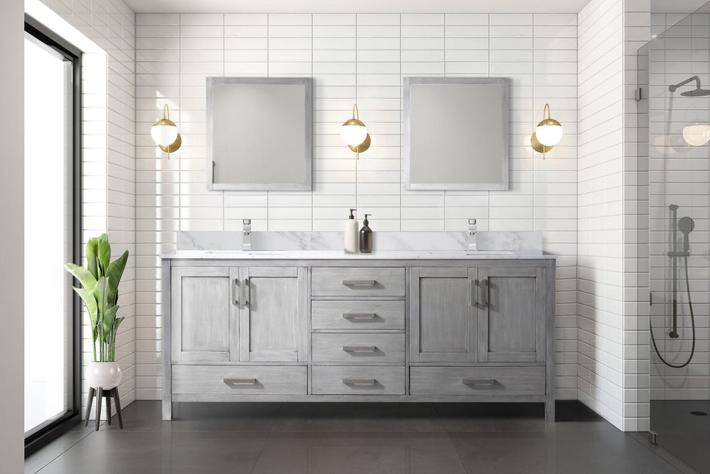 English Elm Distressed Grey Double Bath Vanity 80 In. W With Carrara Marble Top - Elegant Storage & Style! B2731P258949