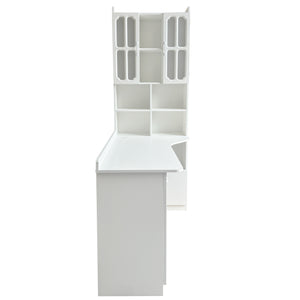 English Elm L-Shaped Corner Desk White with Hutch, Shelves & Drawer — Space-Saving 2-in-1 Office Workstation with Ample Storage W331S00203