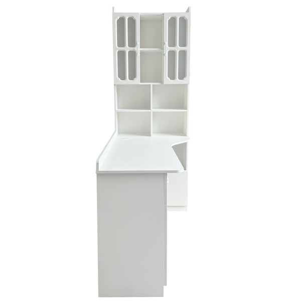 English Elm L-Shaped Corner Desk White with Hutch, Shelves & Drawer — Space-Saving 2-in-1 Office Workstation with Ample Storage W331S00203