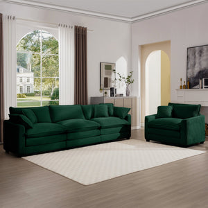 English Elm Mid-Century Modern Sectional Set - Plush Green Corduroy 3-Seater & Single-Seater With Pillows W714S00816