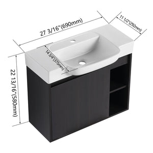 English Elm 28'' Floating Bathroom Vanity with Ceramic Sink Soft Close Door Melamine Cabinet Dark Oak W999P426640
