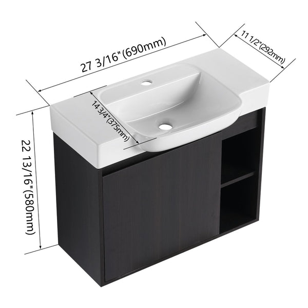 English Elm 28'' Floating Bathroom Vanity with Ceramic Sink Soft Close Door Melamine Cabinet Dark Oak W999P426640