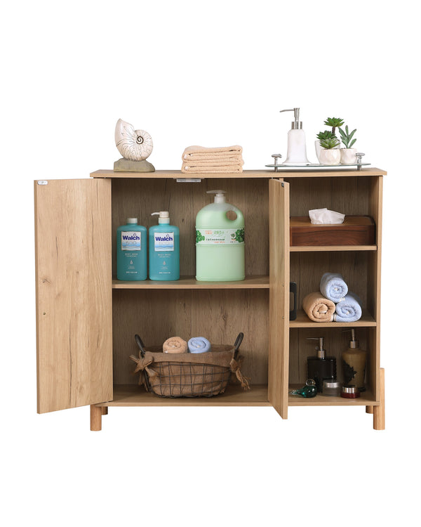 English Elm Mid-Century Woven Rattan Door Storage Cabinet with Adjustable Shelves and Solid Wood Legs, Stylish and Functional Natural 39.4 L x 15 W x 6.7 H W3151P288913
