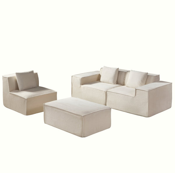 English Elm CozyForm Corduroy Convertible Sectional Sofa with Ottoman and Pillows, Modular L‑Shape Sleeper Comfort Beige B2735S00036