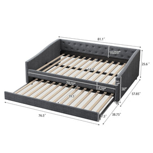 English Elm Full Size Daybed With Twin Trundle - Elegant Upholstered Sofa Bed With Tufted Back & Copper Trim W2336S00043