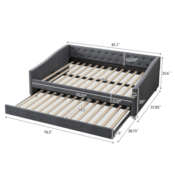 English Elm Full Size Daybed With Twin Trundle - Elegant Upholstered Sofa Bed With Tufted Back & Copper Trim W2336S00043
