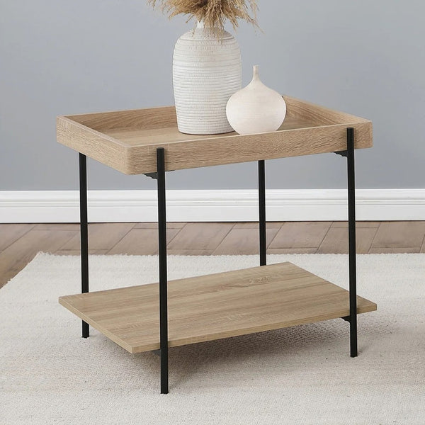 English Elm Rectangular End Table With Tray-Style Top And Full Shelf - Light Brown Wood & Metal Accent Design B016P379416-GIGA