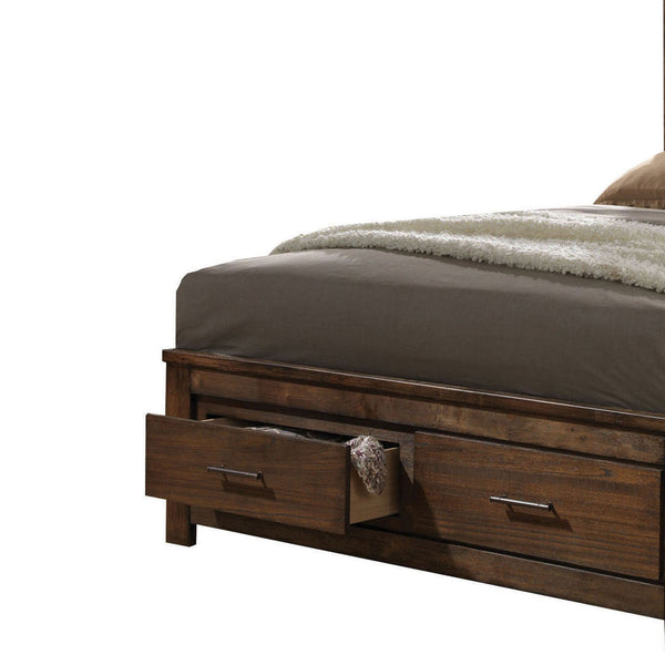 English Elm Oak Queen Bed with Low-Profile Storage Footboard, Panel Headboard Shelf & Casegood Drawer, No Box Spring Needed B062S00536