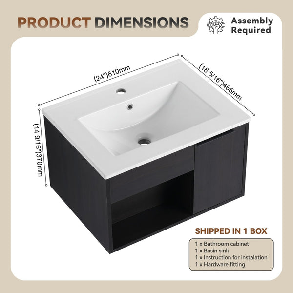 English Elm 24" Wall Mounted Bathroom Vanity Dark Oak Open Shelf Ceramic Sink Soft Close Door W3450P435828