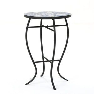 English Elm Christopher Knight Home® - Outdoor Round Side Table Ceramic Mosaic Top in Blue & White with Matte Black Curved Iron Legs, Stylish Patio Accent 61302.00