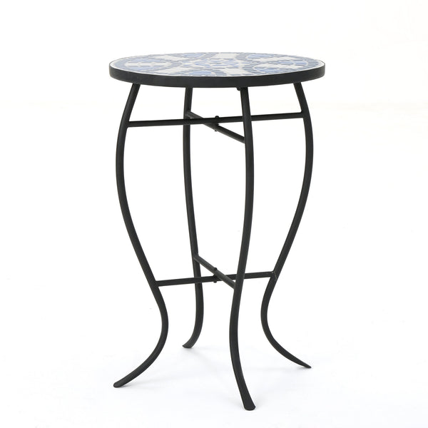 English Elm Christopher Knight Home® - Outdoor Round Side Table Ceramic Mosaic Top in Blue & White with Matte Black Curved Iron Legs, Stylish Patio Accent 61302.00