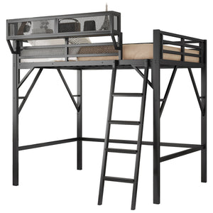 English Elm Full Size Loft Bed with Ladder & Built-In Shelves, Sturdy Metal High Loft for Kids Teens Black W2580P316646