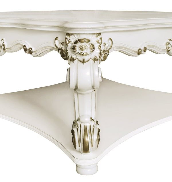 English Elm Vendome Antique Pearl Finish Square Coffee Table with Scrolled Legs and Bottom Shelf, Transitional Design Off White 51 L x 51 W x 10 H B2726P281470