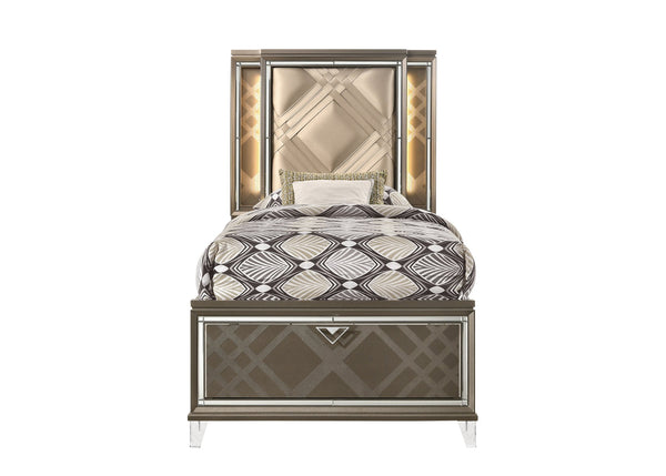 English Elm Skylar Champagne Full Bed with LED Touch Light, Diamond Tufted PU, Mirrored Trim & Storage Drawers B2726S00315