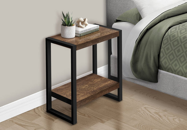 English Elm Accent 2-Tier Side Table with Reclaimed Brown Laminate Top and Black Metal Legs — Industrial Nightstand B2710P221331