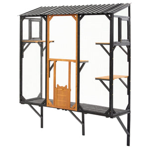 English Elm Outdoor Fir Wood Window Catio Enclosure with Four Climbing Platforms for Cats Black,Brown N719P418371D