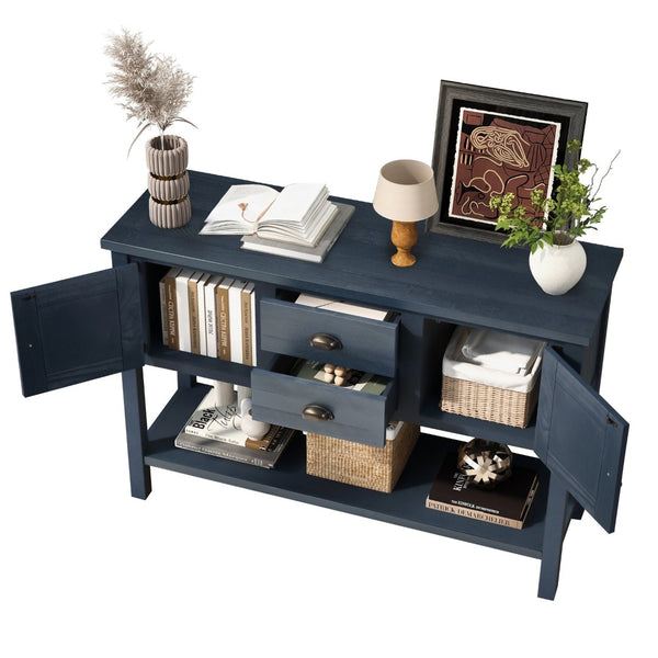 English Elm 46'' Solid Pine Retro Buffet Server with Iron Hardware Drawers Cabinets and Open Shelf Navy Blue W1202P457252
