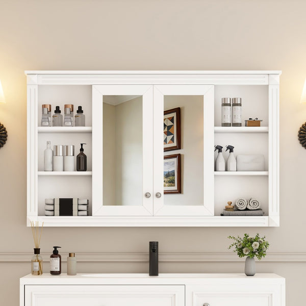 English Elm 47 Inch Wall Mounted Medicine Cabinet with Mirror Open Shelving and Adjustable Storage N710P363550K