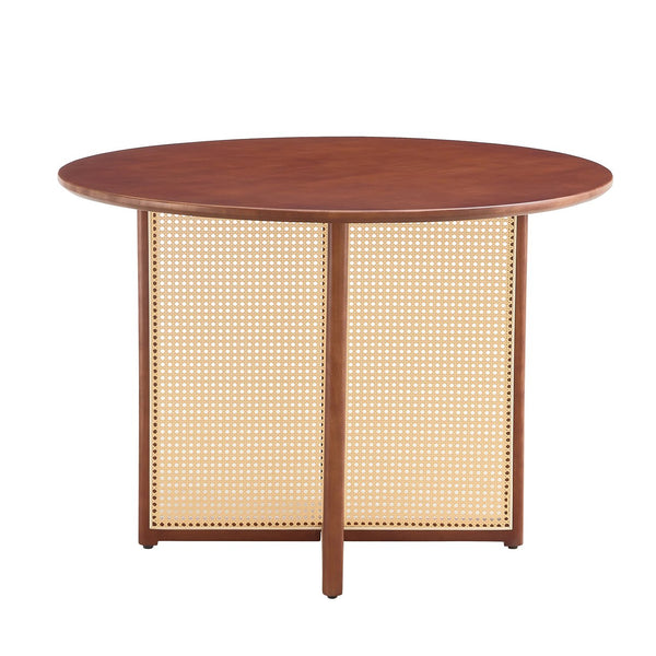 English Elm Chinese Solid Wood Round Table - Rustic Walnut Finish With Imitation Rattan | Versatile & Easy Assembly! W1151P154828
