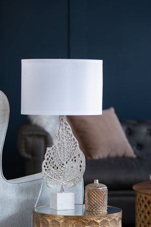 English Elm D15x29.3" Marble Base Table Lamp with Nickel Leaf Accent, White Drum Shade, Modern Accent Light W2078P399243