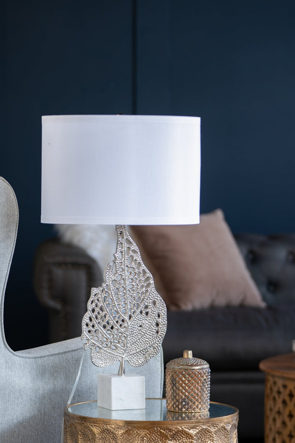 English Elm D15x29.3" Marble Base Table Lamp with Nickel Leaf Accent, White Drum Shade, Modern Accent Light W2078P399243