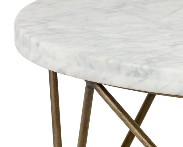 Sunpan Skyy Coffee Table - Elegant Carrara Marble Design with Antique Brass Frame for Modern Spaces Round - 40W x 40D x 15H