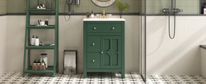 English Elm 24" Modern Bathroom Vanity with Ceramic Basin, French Country Cross-Grid Design & Soft-Close Drawers Green N710P280655F