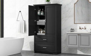 English Elm Tall Bathroom Storage Cabinet – Slim Black MDF Organizer with 2 Doors, 2 Drawers, Adjustable Shelves, Anti-Tip Device N725P172882B
