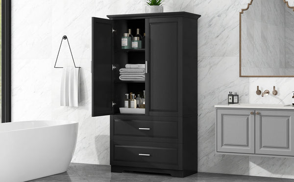 English Elm Tall Bathroom Storage Cabinet – Slim Black MDF Organizer with 2 Doors, 2 Drawers, Adjustable Shelves, Anti-Tip Device N725P172882B