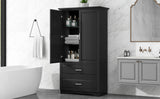 English Elm Tall Bathroom Storage Cabinet, Cabinet With Two Doors and Drawers, Adjustable Shelf, Mdf Board, Black