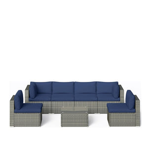 English Elm 7-piece Outdoor Modular Sectional Pe Wicker Patio Set with Tempered Glass Coffee Table Gray+Navy B082S00073