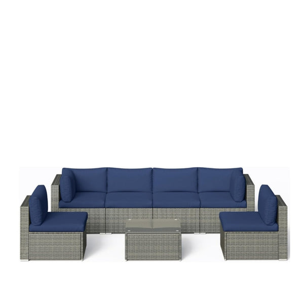 English Elm 7-piece Outdoor Modular Sectional Pe Wicker Patio Set with Tempered Glass Coffee Table Gray+Navy B082S00073
