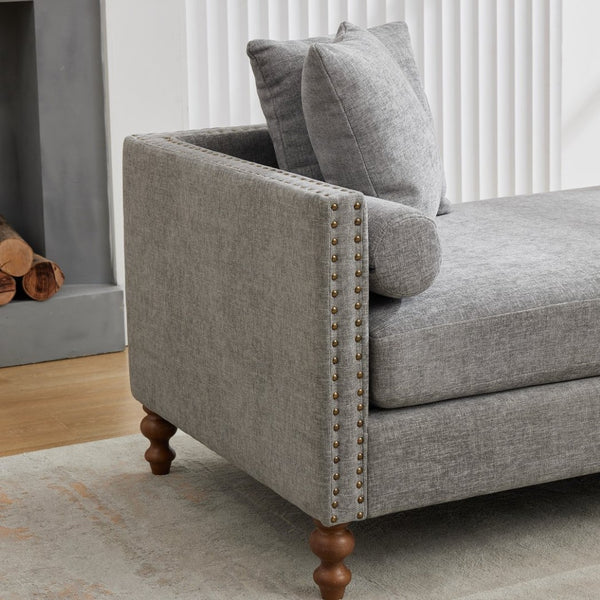 English Elm 75.2'' Chenille Upholstered Daybed Chaise with Nailhead Trim and Rubberwood Legs Gray W3188S00058