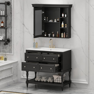 English Elm 36'' Modern Bathroom Vanity with Ceramic Sink and Medicine Cabinet, Solid Wood Frame, 4 Drawers, Waterproof Finish Black SW000138AAB-1