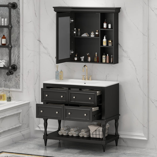 English Elm 36'' Modern Bathroom Vanity with Ceramic Sink and Medicine Cabinet, Solid Wood Frame, 4 Drawers, Waterproof Finish Black SW000138AAB-1