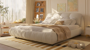 English Elm Queen Size Upholstered Platform Bed With Plush Backrest & Solid Wood Frame - Elegant Beige Design W1885S00022-GIGA