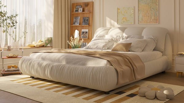 English Elm Queen Size Upholstered Platform Bed With Plush Backrest & Solid Wood Frame - Elegant Beige Design W1885S00022-GIGA